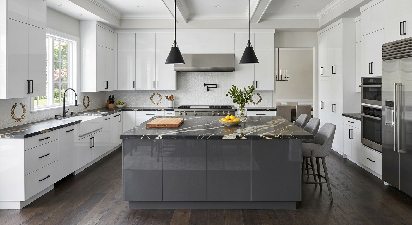 Bright modern kitchen showroom with island, quartz countertops, and clean cabinetry