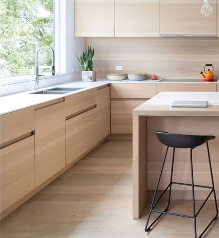 Flat door natural wood slab kitchen cabinets