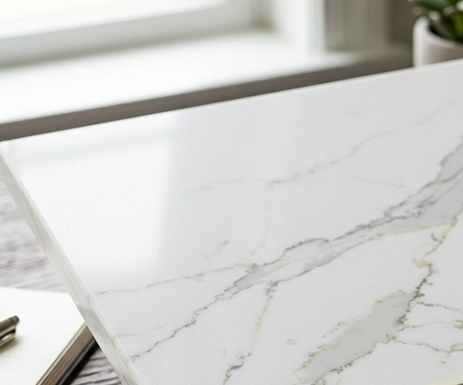 Bright modern kitchen island featuring Calacatta gold veined quartz countertop installation